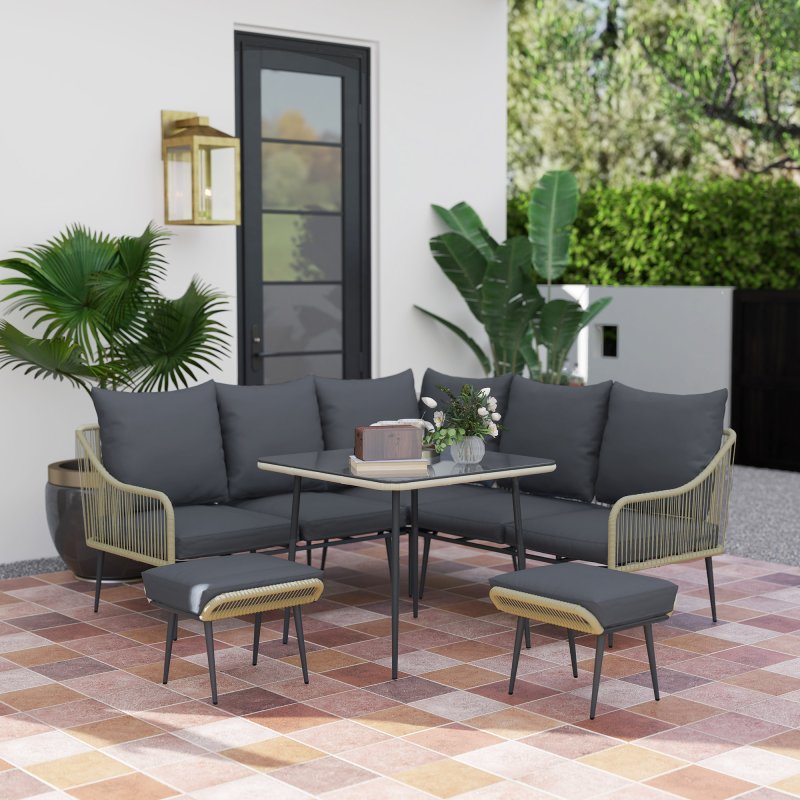 Outsunny 6 Pieces Rattan Garden Furniture Set, Garden Corner Sofa with Thickened Cushions, Outdoor Dining Set with Glass Top Dining Table, Loveseats and Footstools for Conservatory, Light Grey