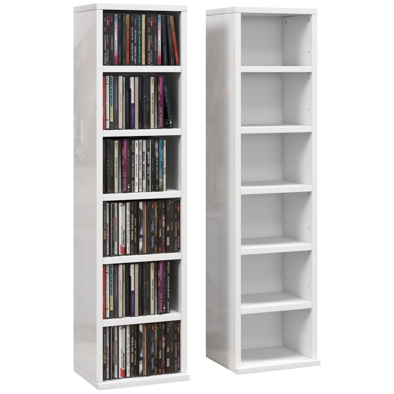 HOMCOM 204 CD Media Display Shelf Unit Set of 2 Blu-Ray Tower Rack w/ Adjustable Shelves Bookcase Storage Organiser, High Gloss White