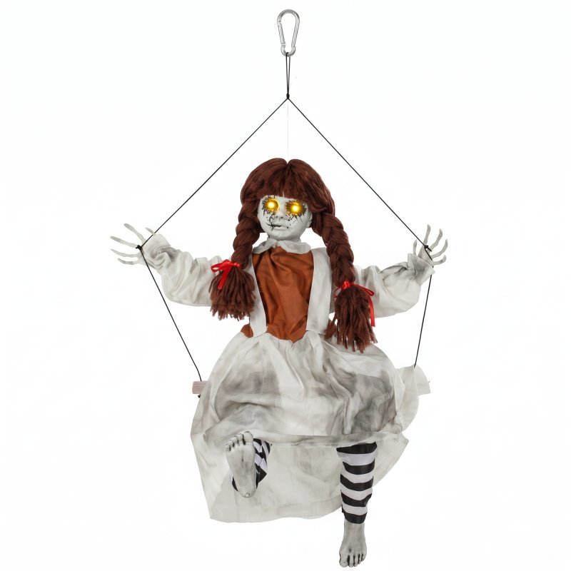 HOMCOM 32"/80cm Halloween Animated Hanging Creepy Girl on Swing Decoration, Light-Up Eyes, Sound and Touch Activated, Kicking Legs, with Rope for Haunted House Party