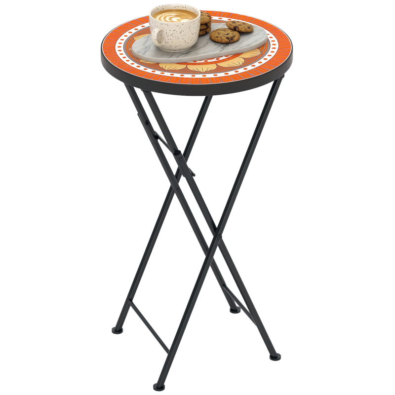 Outsunny Mosaic Outdoor Garden Table, 35.5cm Round Folding Coffee Table with Metal Frame for Balcony Terrace, Orange