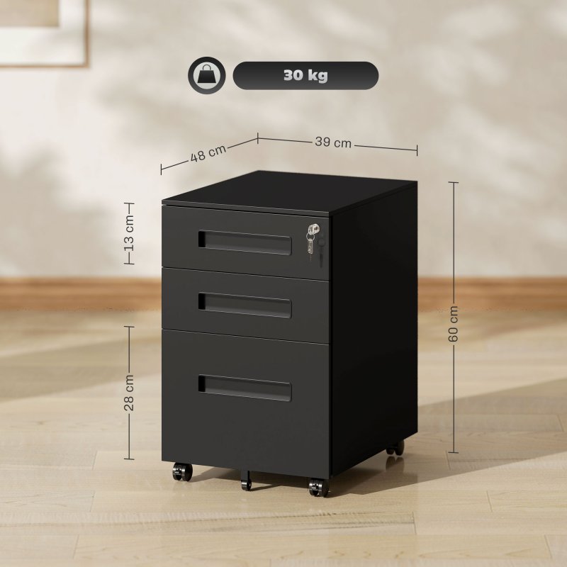 Vinsetto Metal Mobile File Cabinet with Wheels, Lockable 3 Drawer Filing Cabinet for A4, Legal, Letter, Under Desk Storage Unit with Pre-Assembled Body for Home Office, 39 x 48 x 60cm, Black