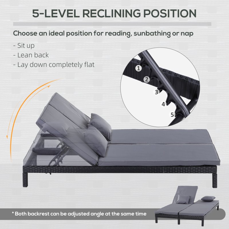 Outsunny Double Rattan Sun Lounger, Garden Daybed with 5-Level Adjustable Backrest, Outdoor Lounge Sunbed with Cushion and Pillows, 2 Seater Wicker Patio Furniture, Black
