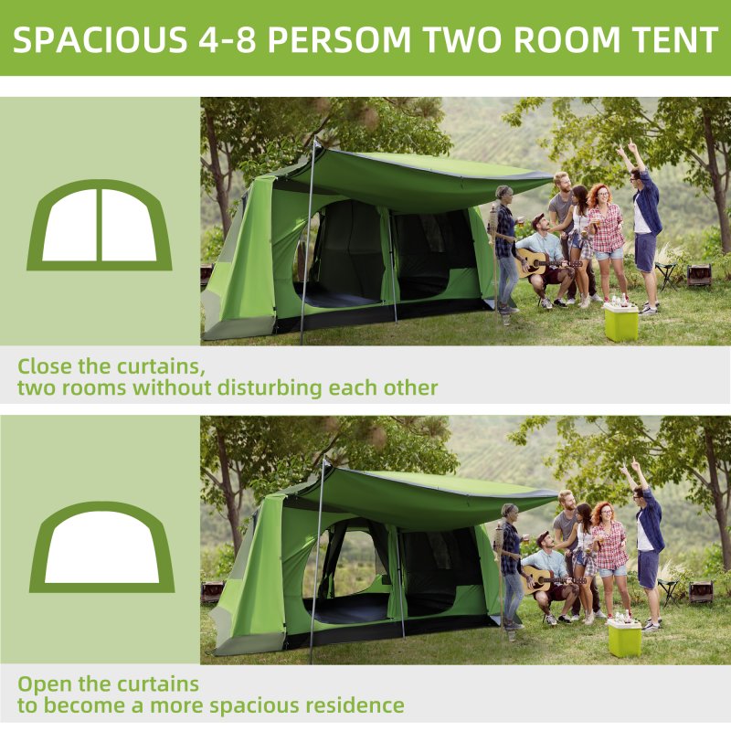 Outsunny Two Room Camping Tent w/ Porch for 4-8 Man, Camping Backpacking Shelter w/ Mesh Windows, Zipped Doors, Lamp Hook & Portable Carry Bag