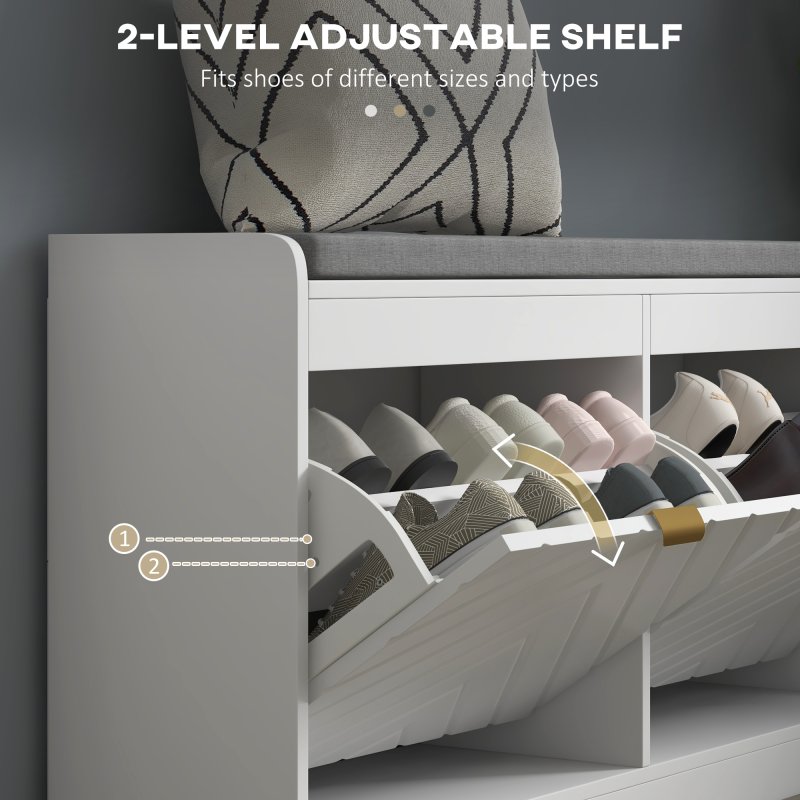 HOMCOM Shoe Storage Bench, Narrow Shoe Bench with 2 Flip Drawers, Seating Cushion and 2 Vents for 8 Pairs of Shoes for Entryway, Hallway, White