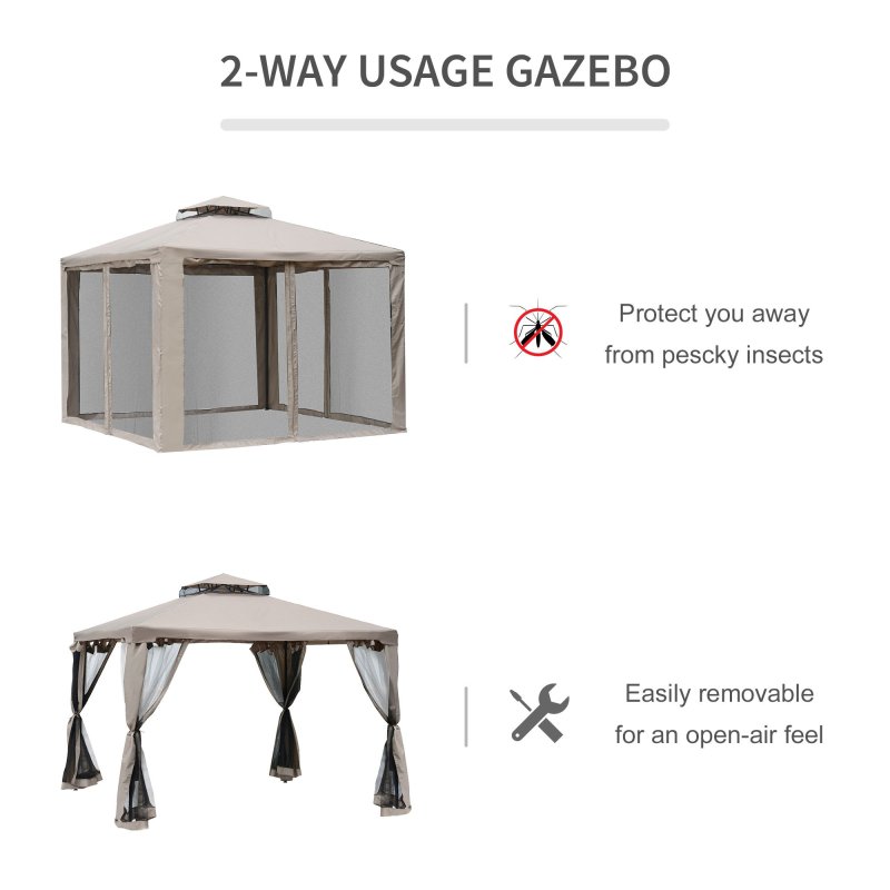 Outsunny 3 x 3 m Metal Gazebo, Garden Pavillion, Double Roof Outdoor Canopy Shelter with Mesh Sidewalls, Taupe