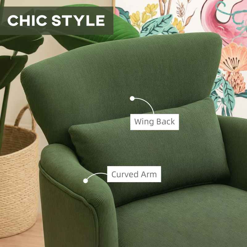HOMCOM Modern Armchair, Upholstered Corduroy Accent Chair with Thick Padded Seat, Lumbar Pillow, Rubber Wood Legs, Cuddle Chair for Living Room Bedroom Office, Green