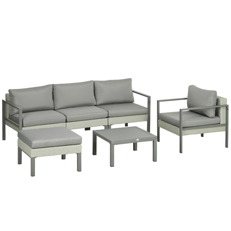 Outsunny 6 Pieces PE Rattan Garden Furniture Set with Sofa, Armchairs, Stool, Patio Sofa Set with Metal Coffee Table, Cushions, for Poolside, Light Grey