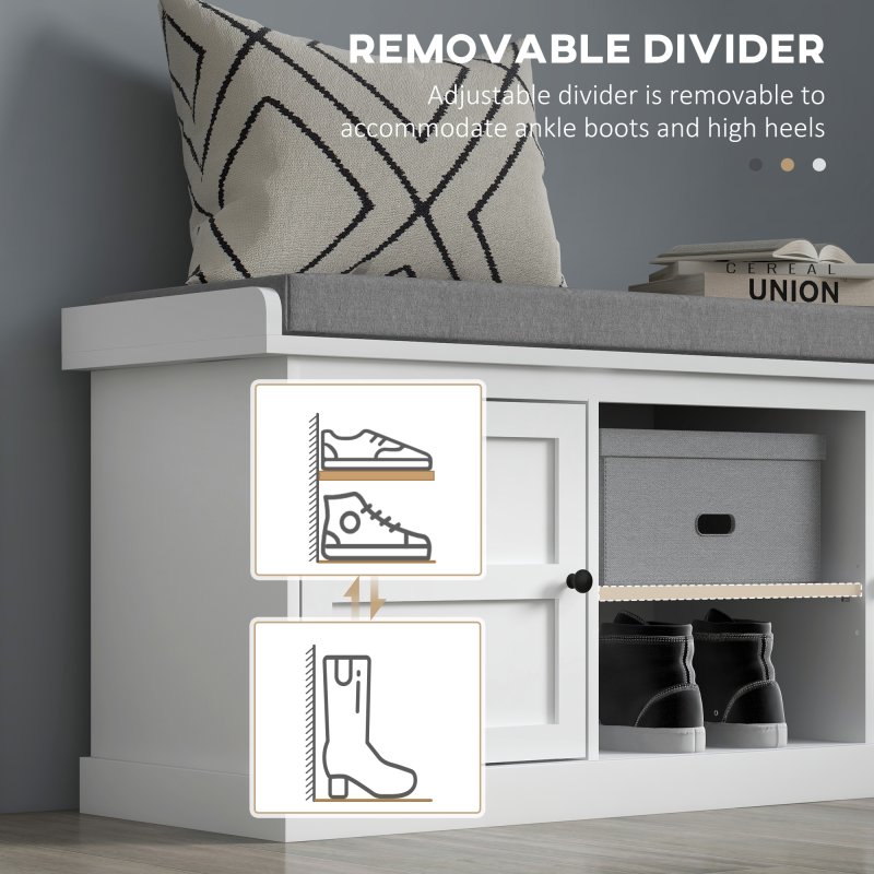 HOMCOM Shoe Bench with Seat, Shoe Storage Bench with Cushion, 2 Cabinets and Adjustable Shelf for Entryway, Hallway, Living Room, Bedroom, White