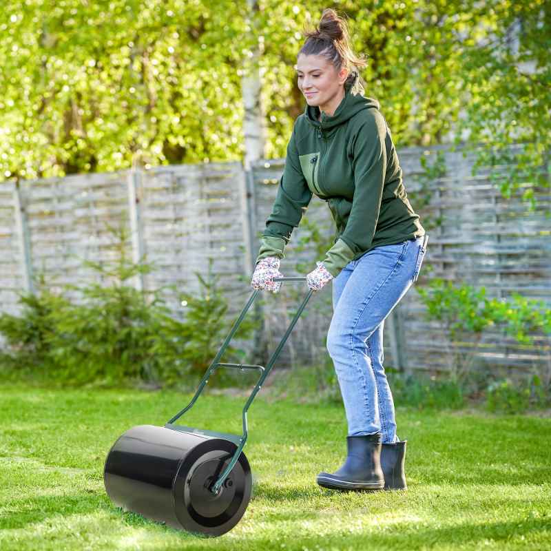 Outsunny 60L 50cm Steel Garden Lawn Roller Push Pull w/ Fillable Cylinder Water Sand Plug Lawn Flatten Seed Sow Rolling Drum w/ Handle