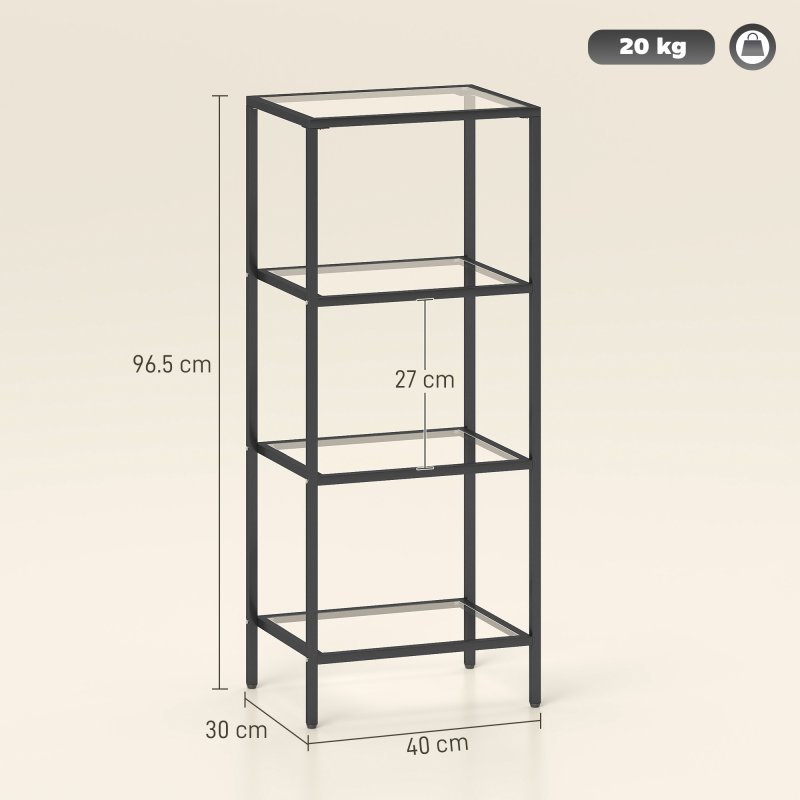 HOMCOM 4-Tier Shelving Unit, Modern Glass Shelf, Bookshelf, Storage Rack for Living Room, Home Office, Bedroom, Bathroom, 40 x 30 x 97 cm, Black