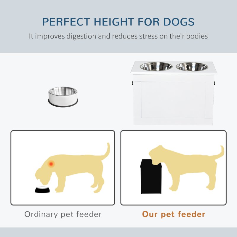 PawHut Raised Dog Bowls, Pet Feeding Storage Station with Two Stainless Steel Bowls, Base, for Large Dogs, White
