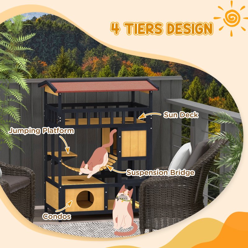 PawHut Outdoor Cat House Wooden Cat Shelter, 4 Tier with Suspension Bridge, Balcony, Escape Doors Water-Resistant Roof, for 1-2 Cats