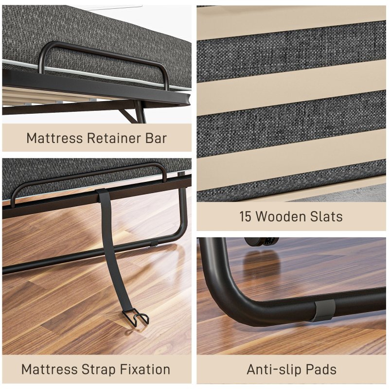 HOMCOM Folding Bed with Mattress, Foldable Guest Bed on Wheels, Portable Single Bed with 10cm Mattress, Side Pockets, Cover, 190 x 80cm, Dark Grey