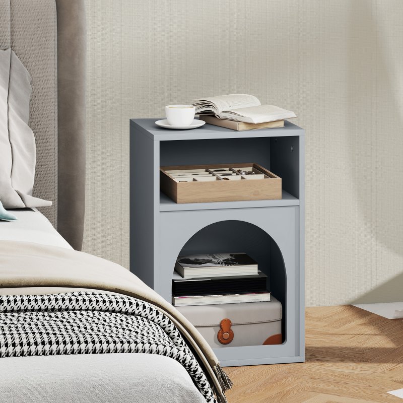 HOMCOM Bedside Table, Modern Bedside Cabinet with 2 Open Compartments and Unique Arch Design, Side Table for Living Room, Bedroom, Grey