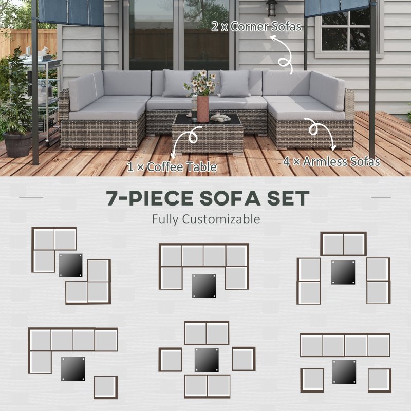Outsunny 7 Pieces PE Rattan Garden Furniture Set with Thick Padded Cushion, Patio Garden Corner Sofa Sets with Glass Coffee Table and Pillows, Buckle Structure, Grey