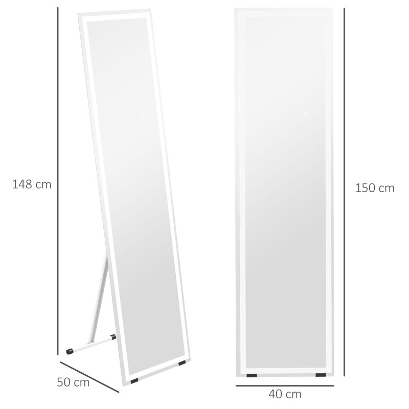 HOMCOM Full Length Mirror with LED Lights, 150x40cm Floor Mirror, Free Standing, Wall Mounted or Leaning, Full Size Body Mirror with Dimmable and 3 Colour Lighting for Bedroom, 32W, White