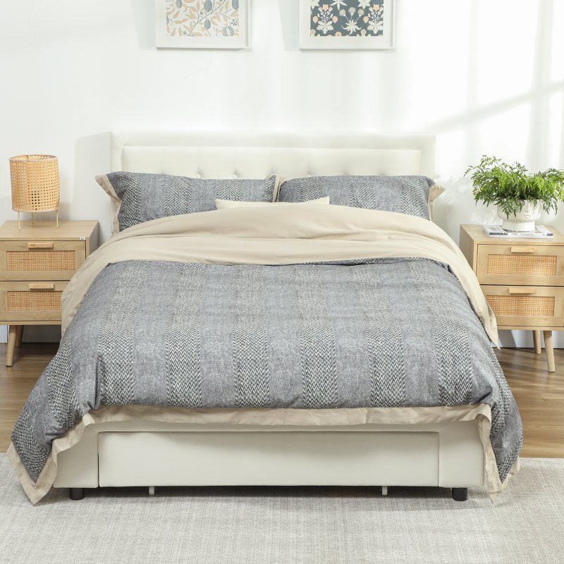 HOMCOM Double Ottoman Bed Frame, 4ft6 Gas Lift Storage Bed with 2-Level Adjustable Velvet Upholstered Headboard, Wheeled Drawer and Wooden Slats, No Mattress, Cream White