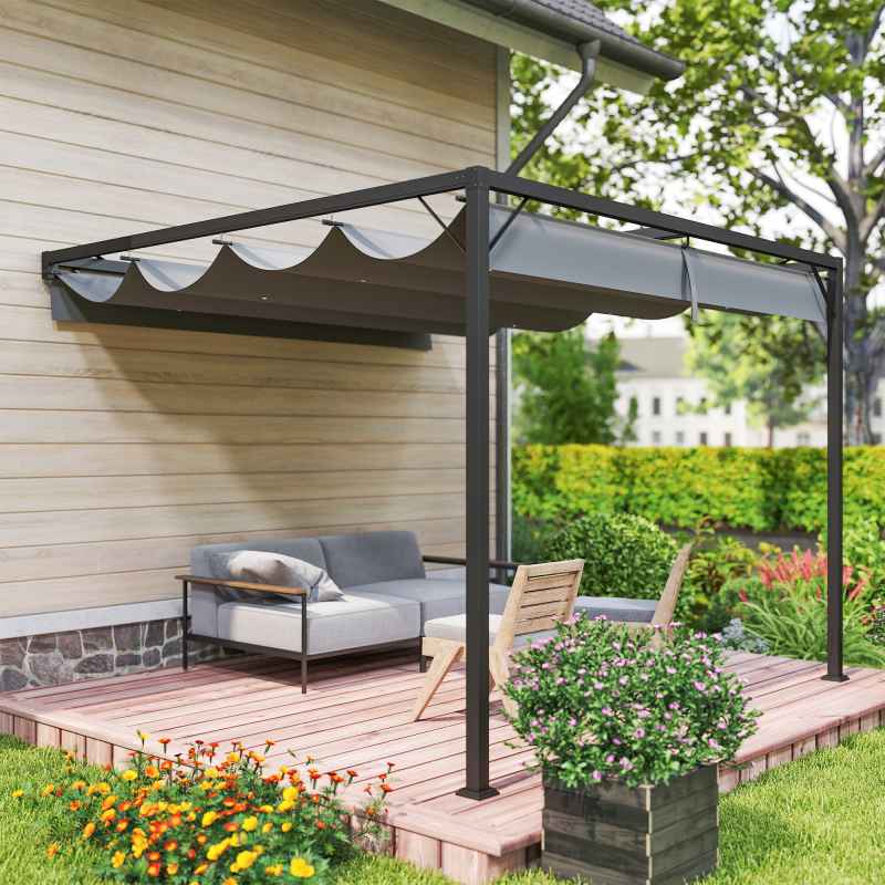 Outsunny 3 x 3(m) Outdoor Lean To Pergola Retractable Canopy Wall Mounted Gazebo Patio Shelter Sun Shade, Grey