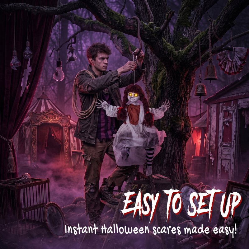 HOMCOM 32"/80cm Halloween Animated Hanging Creepy Girl on Swing Decoration, Light-Up Eyes, Sound and Touch Activated, Kicking Legs, with Rope for Haunted House Party