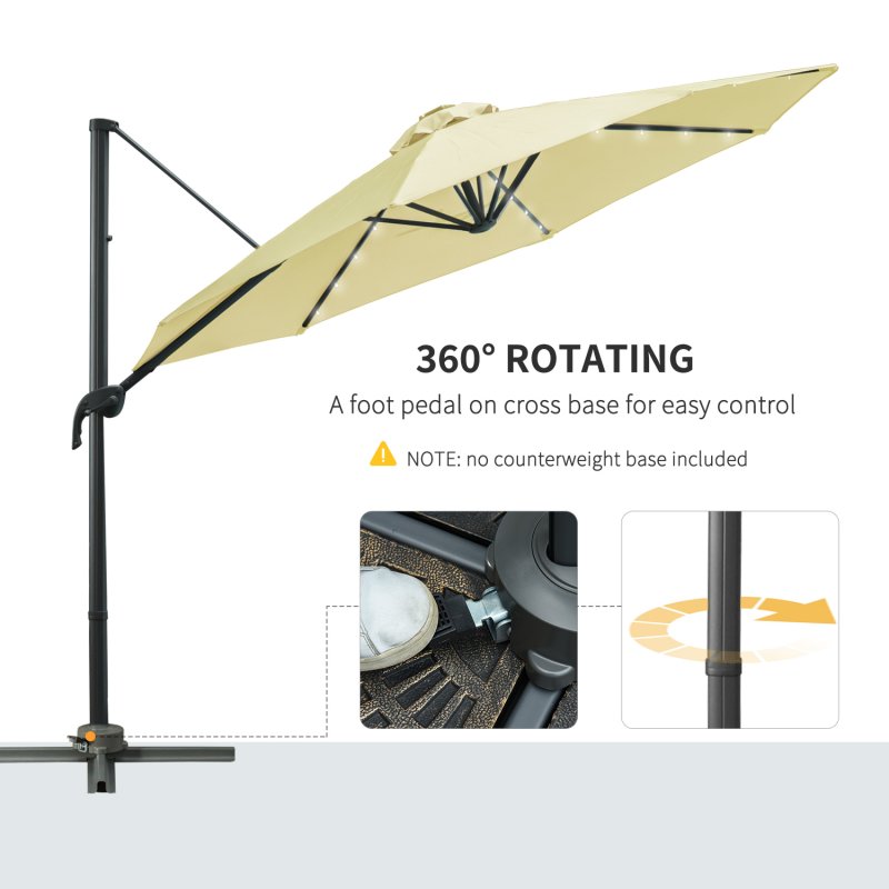 Outsunny 3(m) Cantilever Roma Parasol Patio Sun Umbrella with Crank & Tilt LED Solar Light Cross Base 360 Rotating Outdoor, Beige