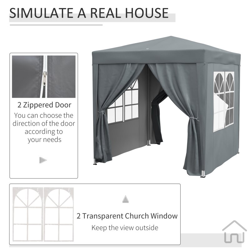 Outsunny 2 x 2 m Garden Pop Up Gazebo, Wedding Party Tent Marquee, Water Resistant Awning Canopy With Sidewalls, Windows, Carry Bag, Grey
