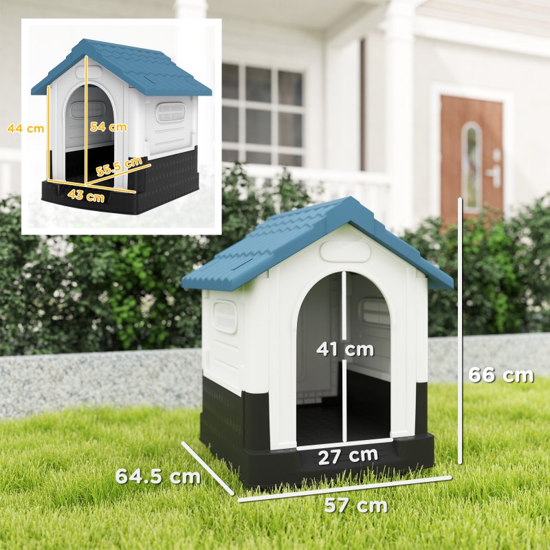 PawHut Dog Kennel for Outside, Plastic Dog House, Water-Resistant Pet Shelter with Windows, for Garden Patio, Miniature Dogs, 64.5 x 57 x 66cm - Blue