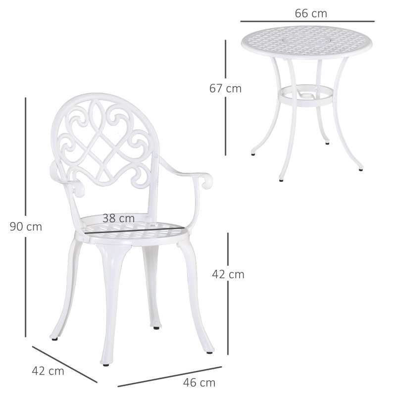 Outsunny 3 Piece Patio Bistro Set for 2, Outdoor Aluminium Garden Table and Chairs with Adjustable Footpads for Balcony, Garden and Patio, White