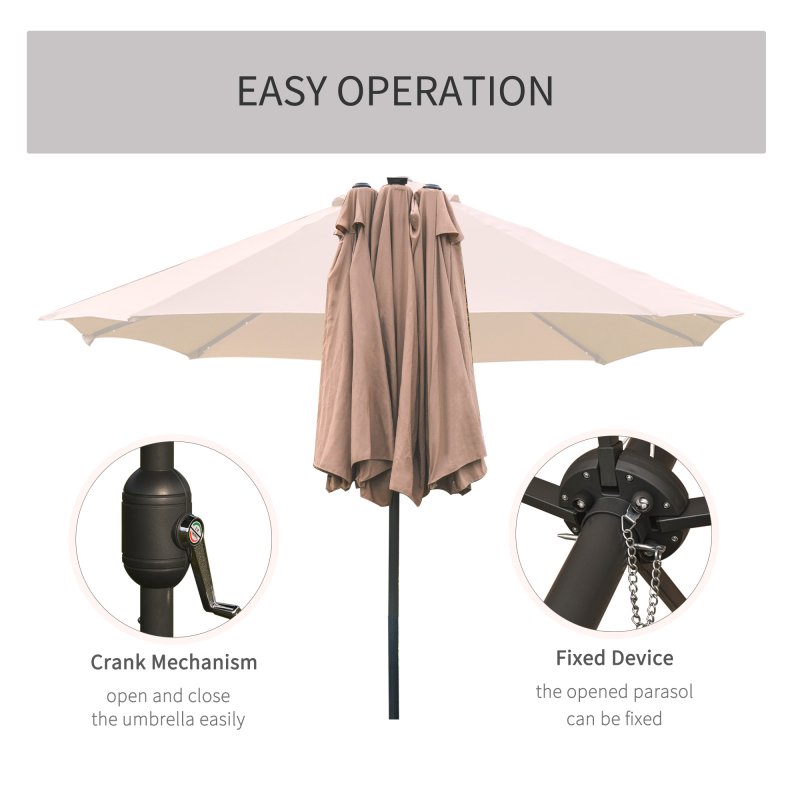 Outsunny 4.4m Double-Sided Sun Umbrella Garden Parasol Patio Sun Shade Outdoor with LED Solar Light, NO BASE INCLUDED, Khaki