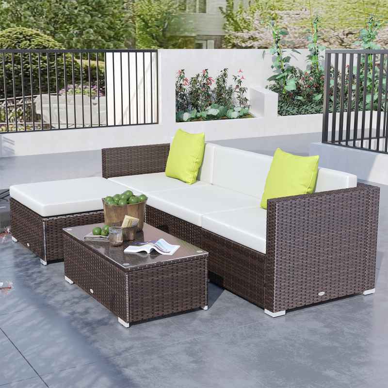 Outsunny 5 Pieces PE Rattan Garden Furniture Set with Cushions, Outdoor Corner Sofa, Patio Sectional Conversation Furniture Sets with Glass Top Coffee Table, Brown