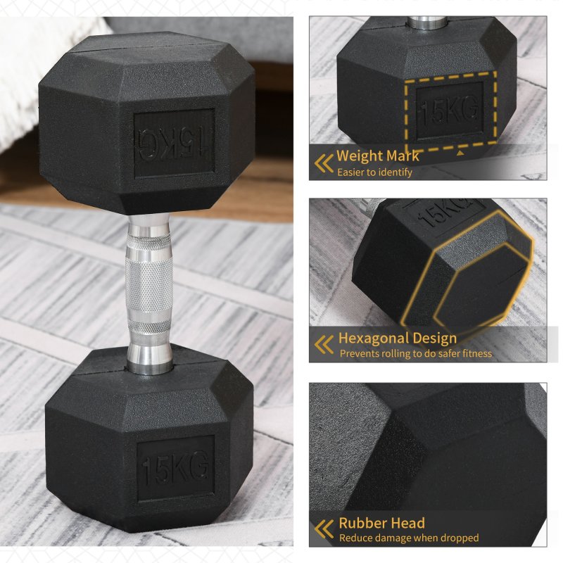 HOMCOM 15KG Single Rubber Hex Dumbbell Portable Hand Weights Dumbbell for Home Gym Workout Fitness