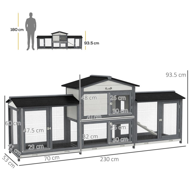 PawHut Large Rabbit Hutch Outdoor, 2-Tier Guinea Pig Hutch, Wooden Bunny Run, Small Animal House with Double Side Run Boxes, No-leak Plastic Tray, Ramp, 230 x 53 x 93.5cm, Light Grey