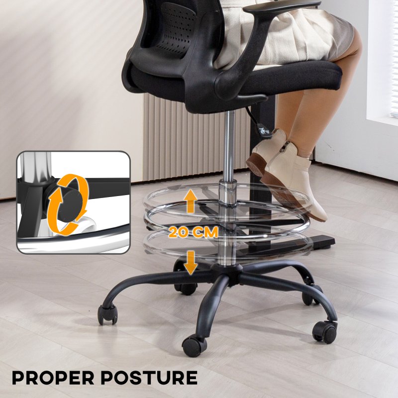 HOMCOM Drafting Chair, Swivel Draughtsman Chair, Ergonomic Office Chair, Mesh Standing Desk Chair with Flip-up Armrest, Lumbar Support, Adjustable Foot Ring, Black