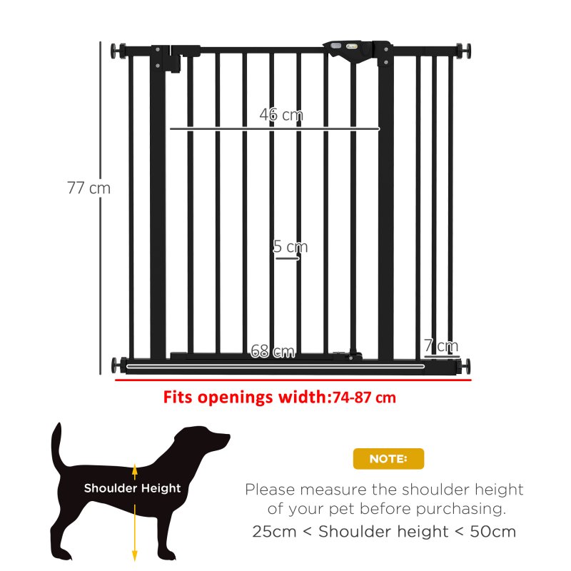 PawHut Dog Gate Stair Gate Pressure Fit Pets Barrier Auto Close for Doorway Hallway, 74-87cm Wide Adjustable, Black