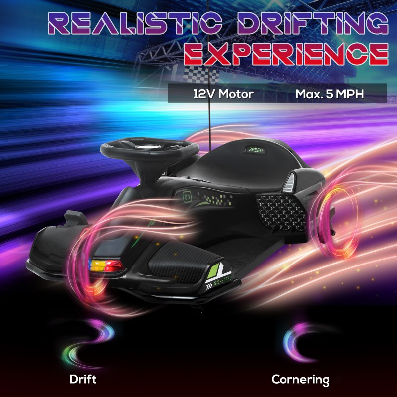 HOMCOM 12V Electric Go Kart for Kids, Battery Powered Ride on Drift Car with Music, Colourful LED Lights, Slow-Start, for Ages 8-12 Years, Black