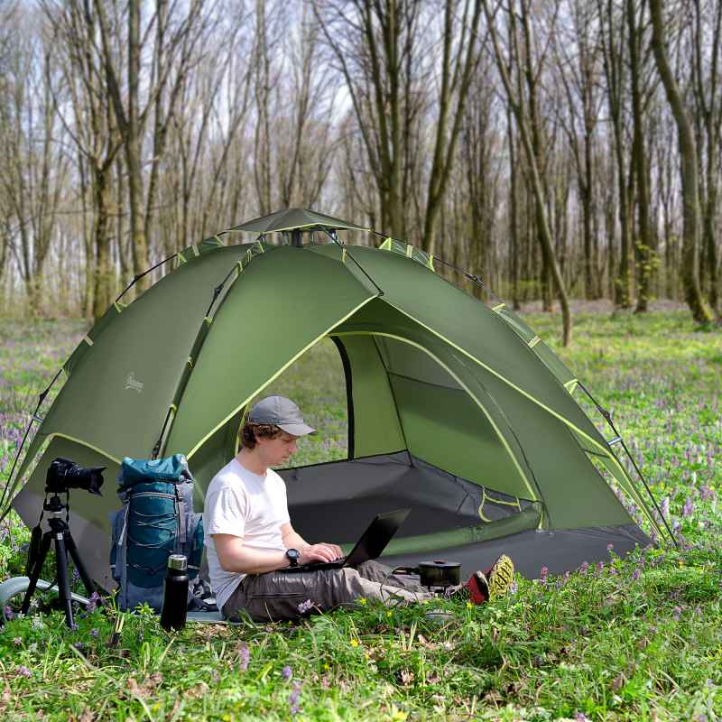 Outsunny 3 Person Camping Tent, Instant Pop Up Tent, Dome Tent with Sewn-in Groundsheet, 2 in 1 Double Layers for Camping, Hiking, Backpacking, Green