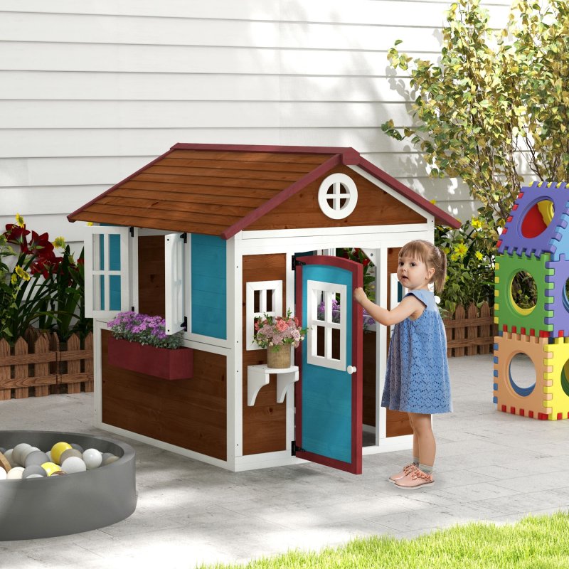Outsunny Wooden Playhouse for Kids Outdoor Wendy House with Doors, Windows, Plant Pots, Boxes, for 3-8 Years - Dark Brown