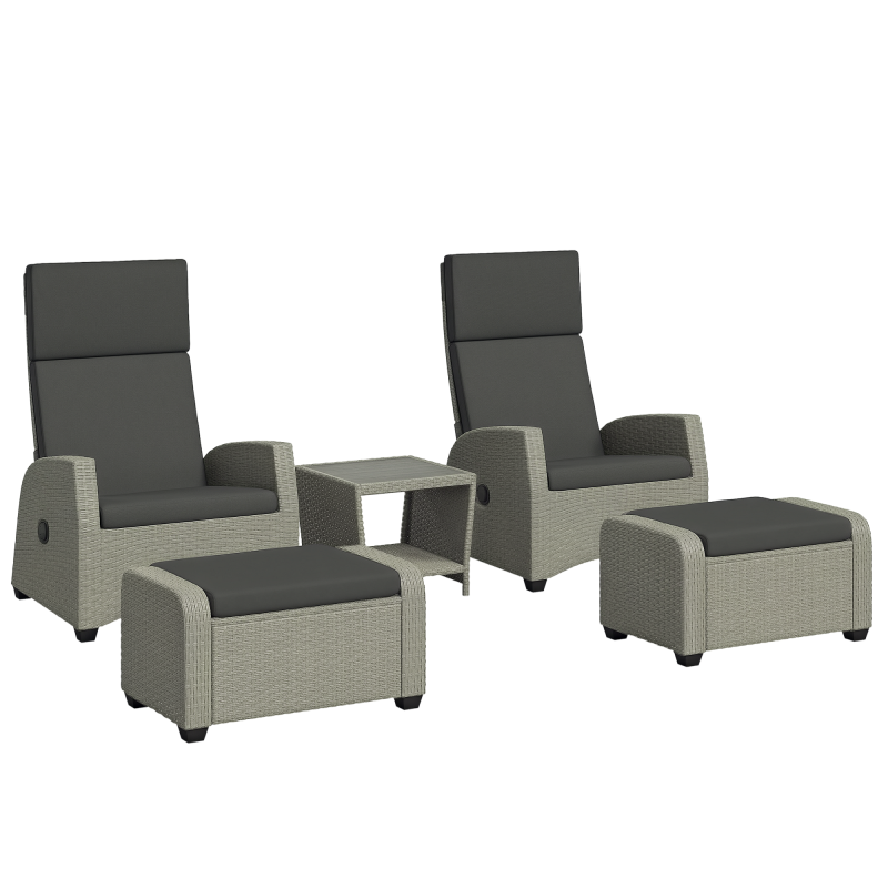 Outsunny 5 Pieces PE Rattan Garden Furniture Set, Wicker Outdoor Furniture Set with Reclining Chairs, Coffee Table, Footstools and Thick Cushions for Balcony, Patio, Charcoal Grey