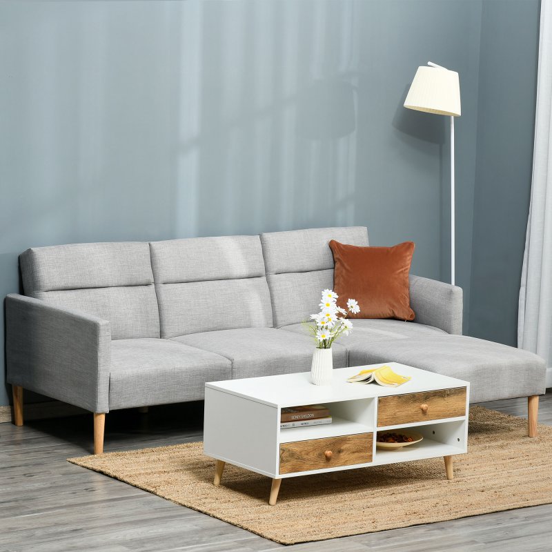 HOMCOM Upholstered 3 Seater Sofa Bed, Corner Reversible Click Clack Sofa Set, Linen-Touch Fabric Sleeper Futon with Footstool, Light Grey