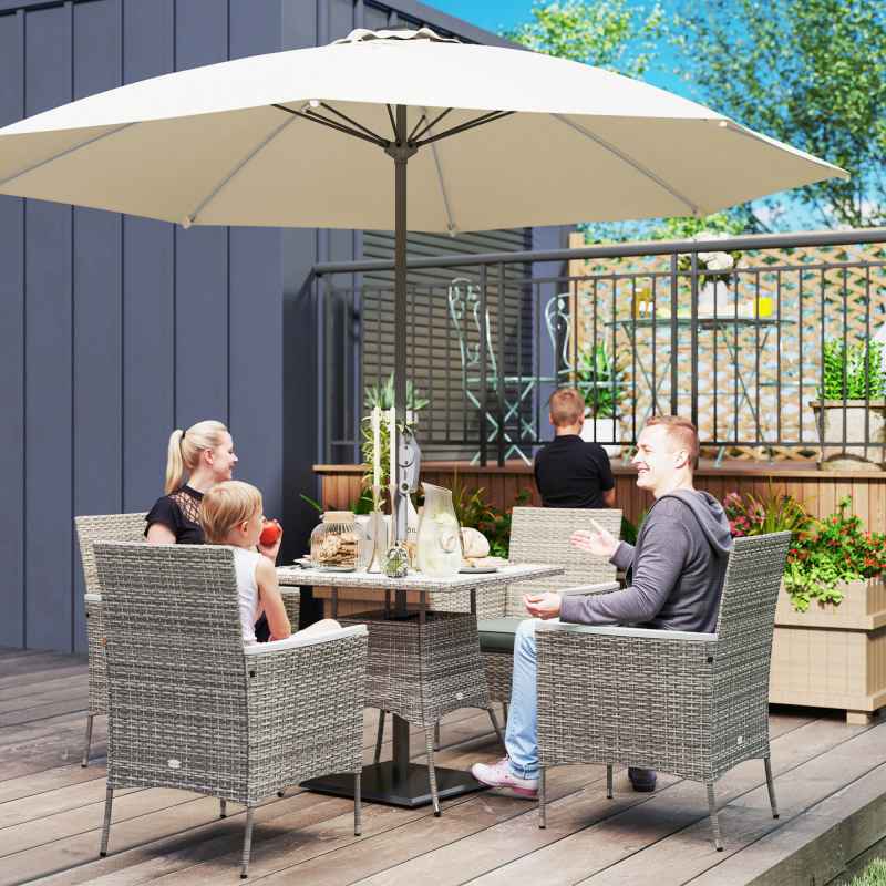 Outsunny Rattan Dining Set, 4 Seater Rattan Garden Furniture Set with 50mm Parasol Hole, Outdoor Garden Table and Chairs with Cushions, Slatted Wood Tabletop for Patio, Conservatory, Grey