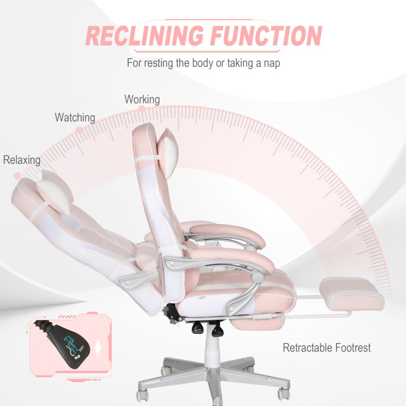 HOMCOM Gaming Chair with Footrest, PU Leather Computer Chair, Swivel Game Chair with 150 Reclining Back and Lumbar Support for Adults, Pink