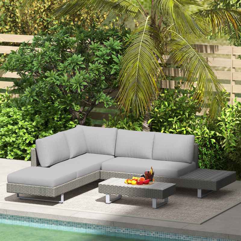 Outsunny 3 Pieces Rattan Garden Furniture Set, Wicker Garden Sofa Set with 3-Seater Sofa, Loveseat, Coffee Table, Side Table & Cushions, 5-Seater Outdoor Furniture Set, Light Grey
