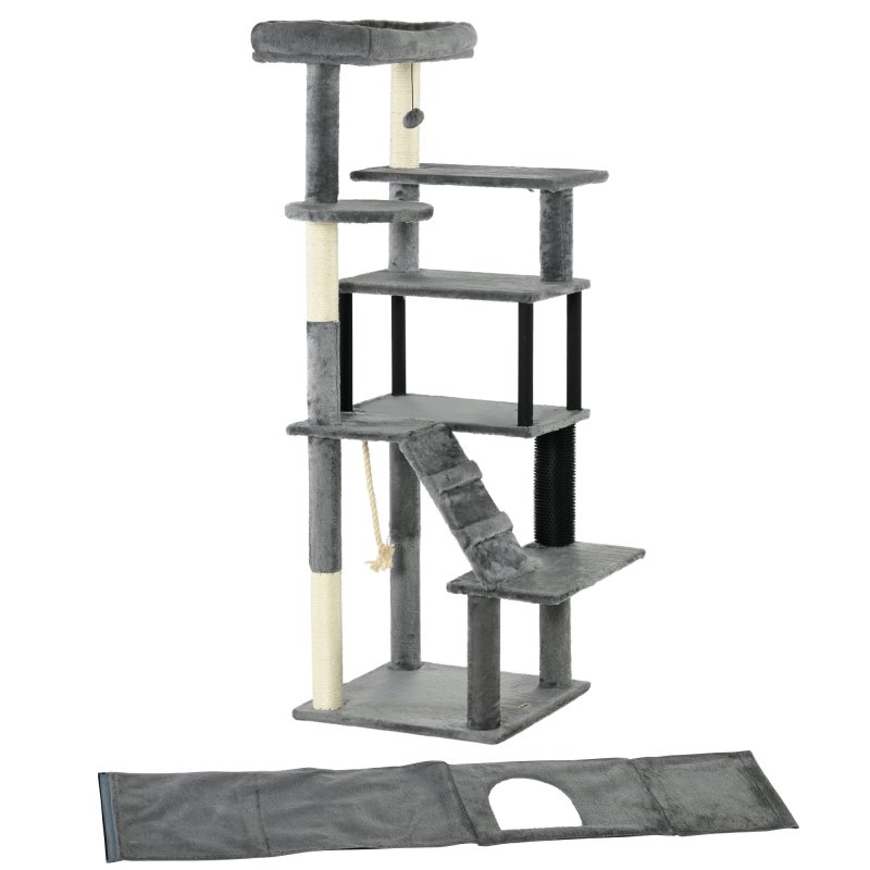 PawHut 148cm Cat Tree for Indoor Cats with Scratching Post, Cat Tower for Two Cats, with Cat House, Bed, Toy, Grey