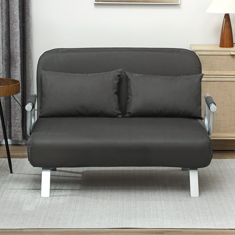 HOMCOM 2 Seater Sofa Bed, Click Clack Convertible Bed Settee, Modern Velvet Feel Fabric Sofa with 2 Cushions for Living Room, Bedroom, Guest Room, Charcoal Grey