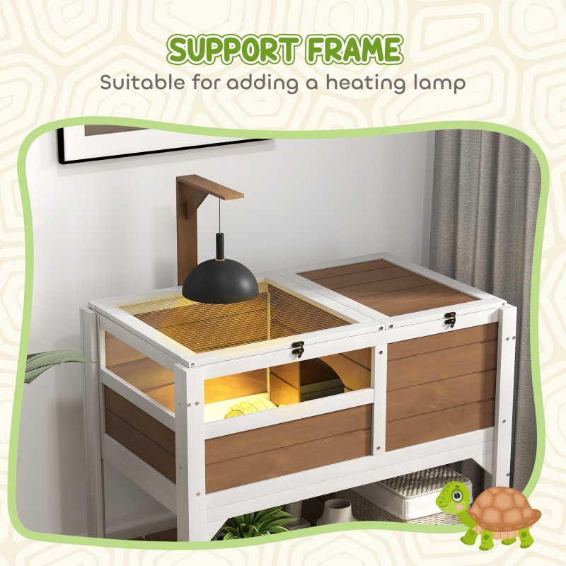 PawHut Tortoise House w/ Shelf, Small Pet Reptile Wooden House w/ Hide Shelter Den and Run, Lamp Holder, Tray, for Indoors, Outdoors - Brown