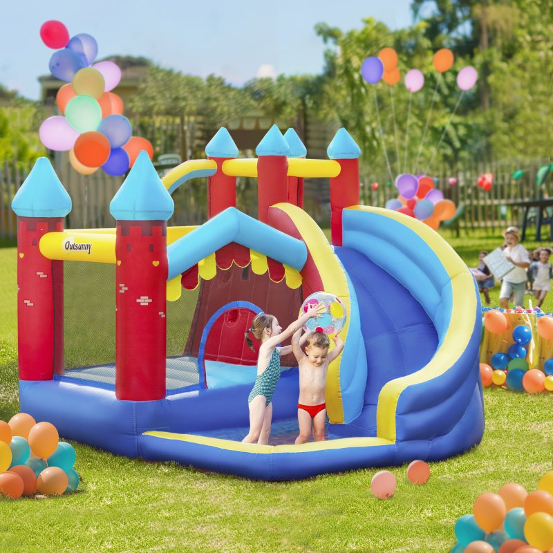 Outsunny 4 In 1 Kids Bouncy Castle, Large Inflatable House w/ Trampoline, Slide, Water Pool, Climbing Wall, Includes Blower, Bag, Ages 3-8 Years, 2.9 x 2.7 x 2.3m
