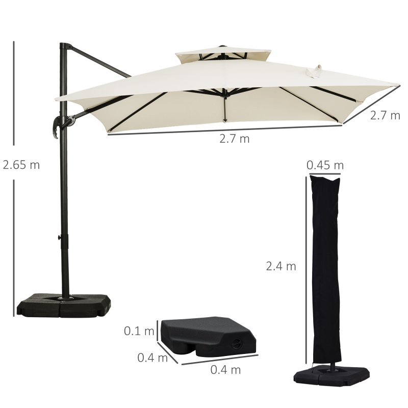 Outsunny 2.7 x 2.7(m) Cantilever Parasol with Aluminium Frame, Crank and Tilt, 360-Degree Rotation, Double Top Garden Umbrella with Base and Cover, Beige