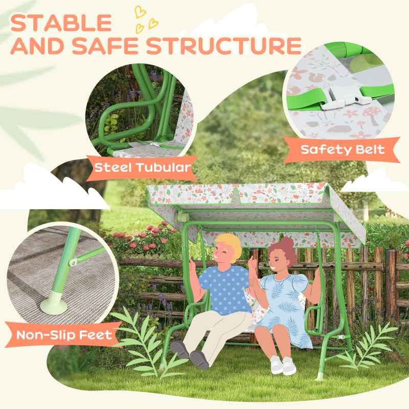 AIYAPLAY Kids Garden Swing Seat, Outdoor Swing Chair with Adjustable Canopy, Safety Belt, 2 Seater Hammock Swing Bench for Patio, Porch, Garden, Green