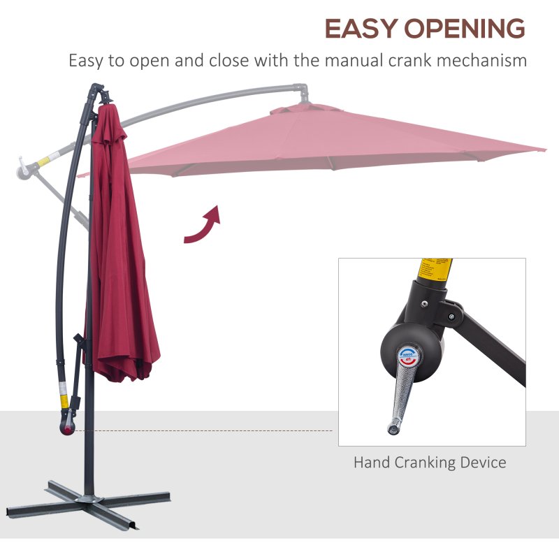 Outsunny 3(m) Garden Banana Parasol Hanging Cantilever Umbrella with Crank Handle and Cross Base for Outdoor, Sun Shade, Wine Red