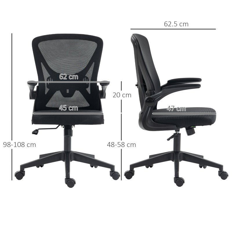 Vinsetto Ergonomic Mesh Office Chair with 90° Flip-up Armrests and Lumbar Support, Height Adjustable Computer Chair with Swivel Wheels, Black