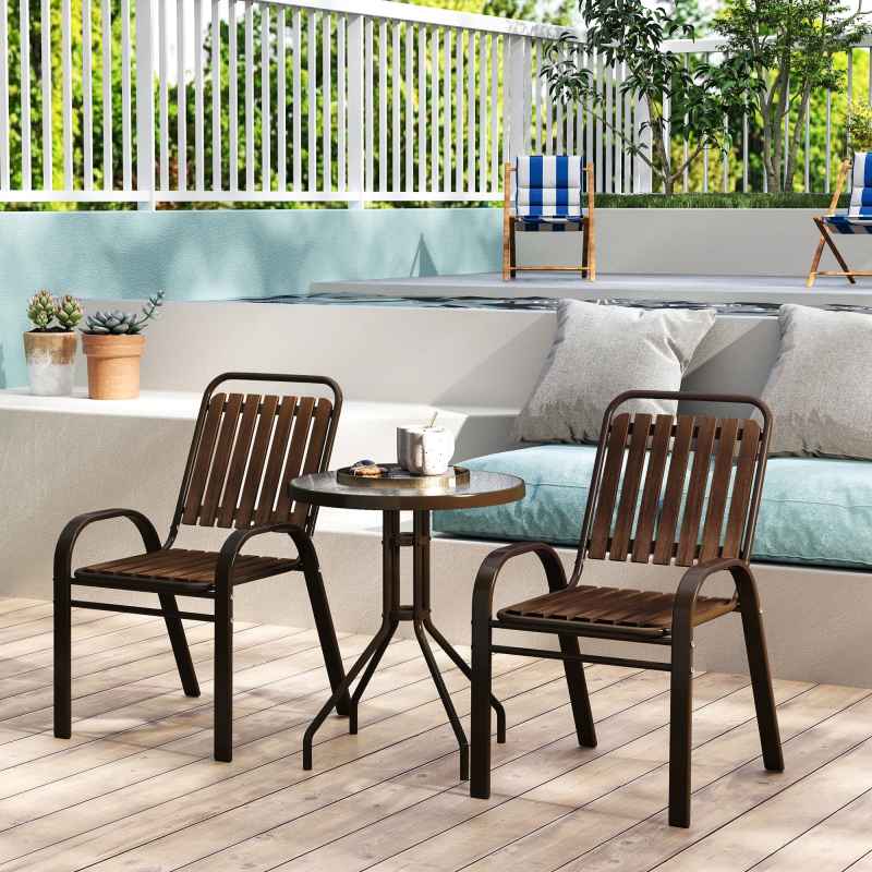 Outsunny 3 Pieces Patio Bistro Set, Garden Furniture Set with Stackable Chairs, Tempered Glass Table, Rust Resistant for Outdoor, Balcony, Patio, Garden, Dark Brown